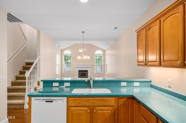 223 Avonlea Pl, Johnson City, TN 37604 - kitchen featuring dishwashing machine, a sink, a peninsula, a glass covered fireplace, and lofted ceiling