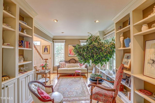 5621 John Gaines Blvd, Kingsport, TN 37664 - living area with wood finished floors, crown molding, stairs, recessed lighting, and baseboards