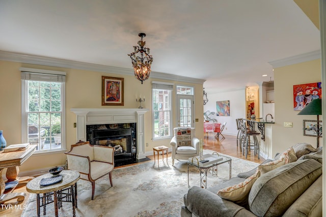 5621 John Gaines Blvd, Kingsport, TN 37664 - living room featuring ornamental molding, a fireplace, wood finished floors, and baseboards