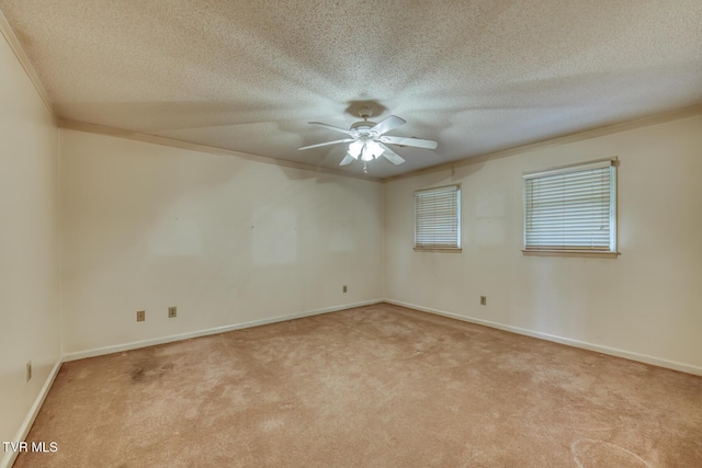 3510 Bondwood Cir, Johnson City, TN 37604 - spare room with light colored carpet, ceiling fan, crown molding, a textured ceiling, and baseboards