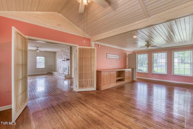 3510 Bondwood Cir, Johnson City, TN 37604 - unfurnished living room with ceiling fan, wooden ceiling, wood finished floors, baseboards, and vaulted ceiling