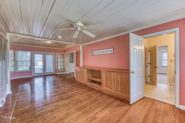 3510 Bondwood Cir, Johnson City, TN 37604 - unfurnished living room with ceiling fan, ornamental molding, wooden ceiling, light wood-style floors, and plenty of natural light