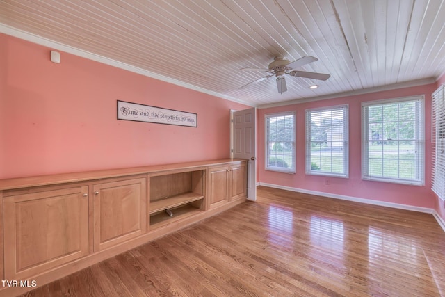 3510 Bondwood Cir, Johnson City, TN 37604 - empty room with crown molding, wood ceiling, ceiling fan, light wood-style floors, and baseboards