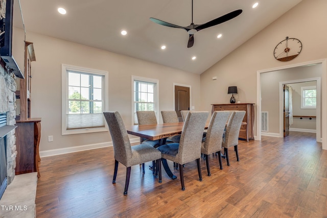 1 Sweetwood Dr, Johnson City, TN 37615 - dining room with a stone fireplace, a ceiling fan, wood finished floors, recessed lighting, and baseboards
