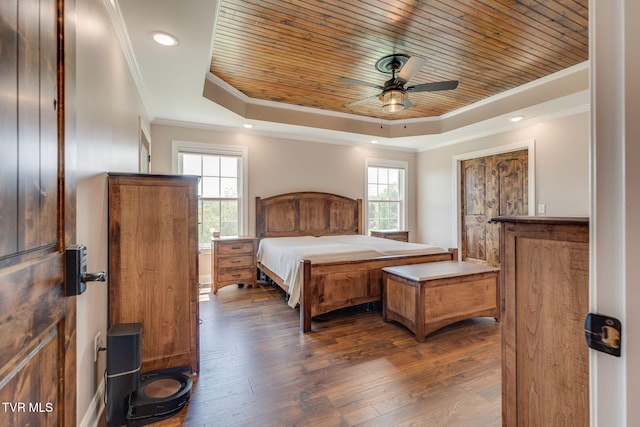 1 Sweetwood Dr, Johnson City, TN 37615 - bedroom featuring a raised ceiling, wooden ceiling, multiple windows, dark wood-style flooring, and crown molding