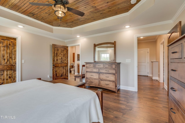 1 Sweetwood Dr, Johnson City, TN 37615 - bedroom with a tray ceiling, wooden ceiling, dark wood finished floors, ornamental molding, and recessed lighting