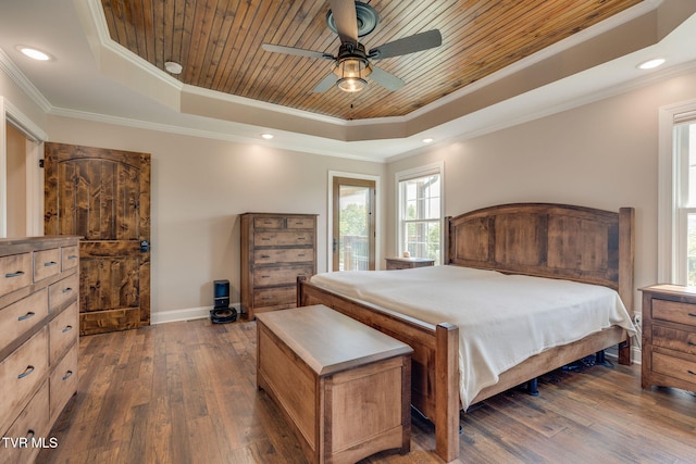 1 Sweetwood Dr, Johnson City, TN 37615 - bedroom featuring a raised ceiling, wood ceiling, dark wood-style floors, baseboards, and crown molding