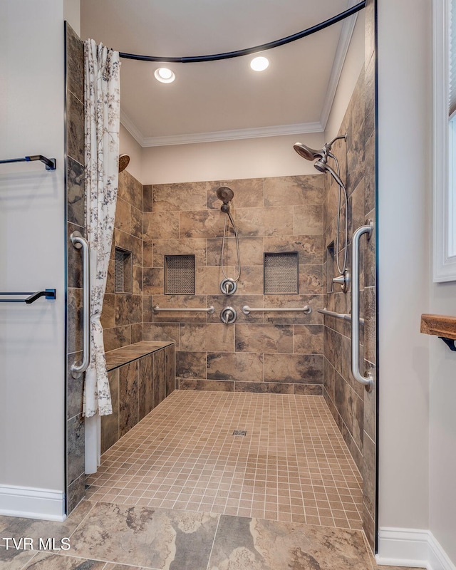 1 Sweetwood Dr, Johnson City, TN 37615 - full bathroom featuring crown molding, tiled shower, baseboards, and recessed lighting