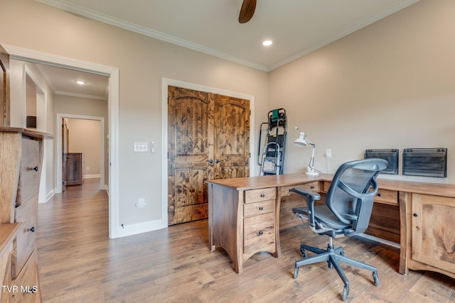 1 Sweetwood Dr, Johnson City, TN 37615 - office featuring wood finished floors, baseboards, recessed lighting, ornamental molding, and ceiling fan