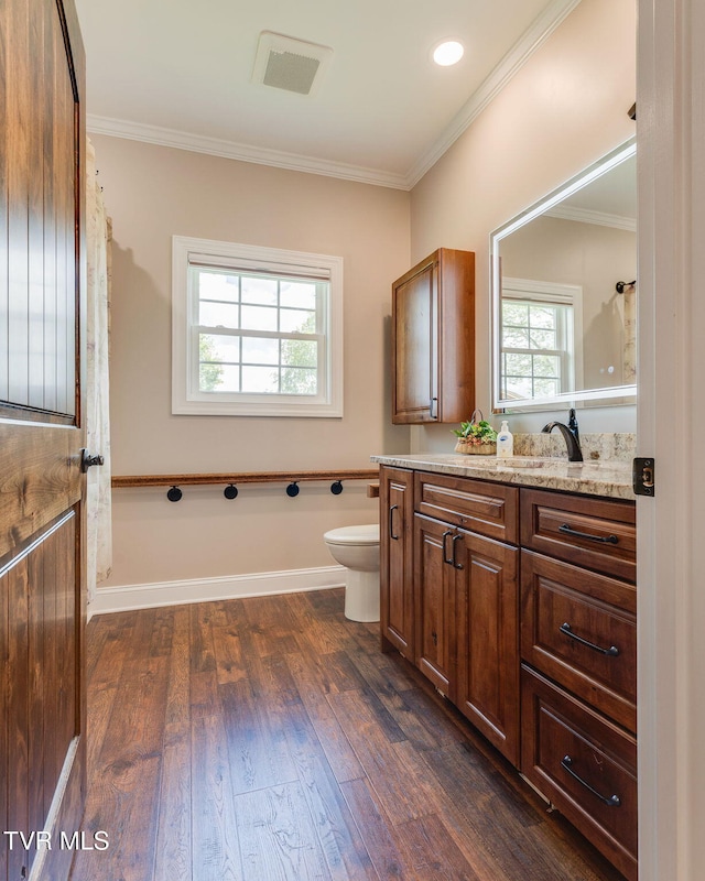 1 Sweetwood Dr, Johnson City, TN 37615 - bathroom with vanity, toilet, hardwood / wood-style flooring, crown molding, and baseboards