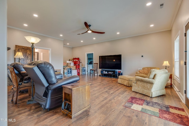 1 Sweetwood Dr, Johnson City, TN 37615 - living area featuring ceiling fan, wood finished floors, ornamental molding, and recessed lighting