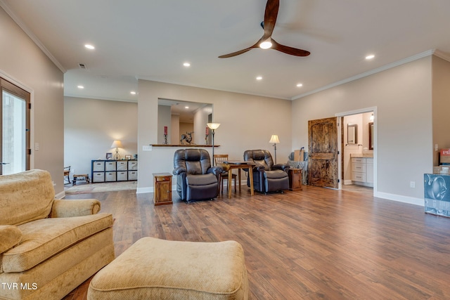 1 Sweetwood Dr, Johnson City, TN 37615 - living area with crown molding, ceiling fan, wood finished floors, baseboards, and recessed lighting