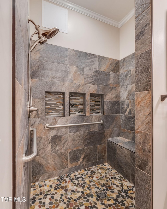 1 Sweetwood Dr, Johnson City, TN 37615 - full bathroom featuring a tile shower, ornamental molding, and stone finish flooring
