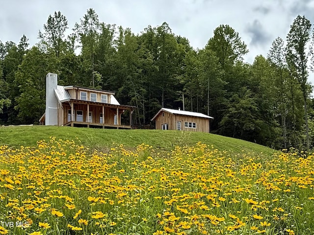538 Punkton Rd, Del Rio, TN 37727 - back of property featuring a lawn, a chimney, covered porch, and an outbuilding