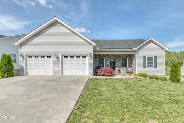 171 Brighton Pl, Bristol, TN 37620 - view of front of home with concrete driveway, a garage, a front yard, a shingled roof, and stone siding