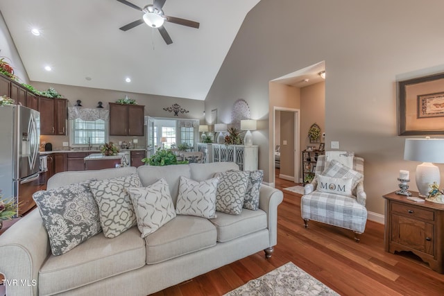 171 Brighton Pl, Bristol, TN 37620 - living area featuring high vaulted ceiling, ceiling fan, light wood-style flooring, recessed lighting, and baseboards