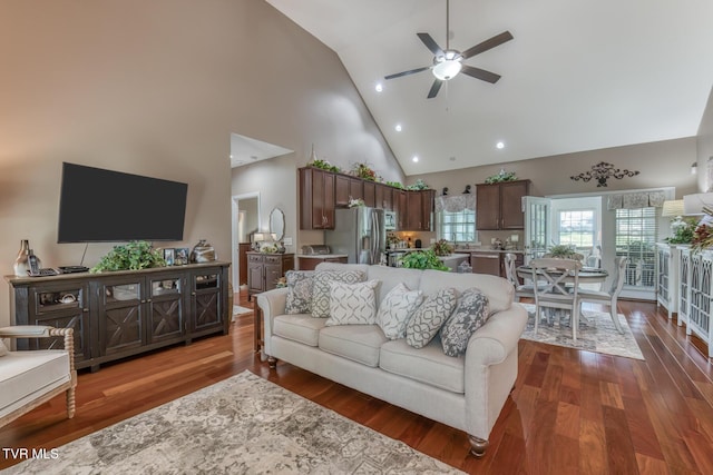 171 Brighton Pl, Bristol, TN 37620 - living area with high vaulted ceiling, a ceiling fan, wood finished floors, and recessed lighting