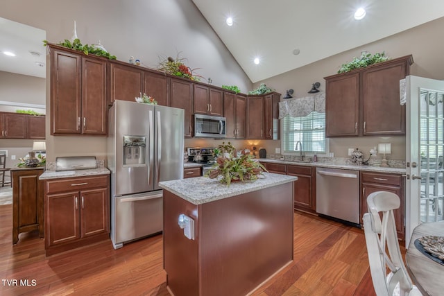 171 Brighton Pl, Bristol, TN 37620 - kitchen featuring stainless steel appliances, a sink, wood finished floors, light stone countertops, and high vaulted ceiling