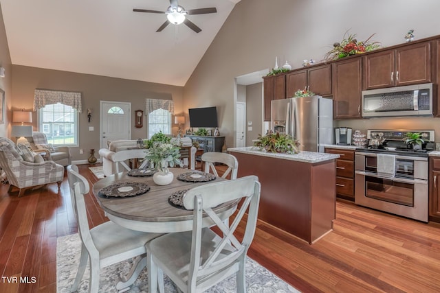 171 Brighton Pl, Bristol, TN 37620 - dining room featuring high vaulted ceiling, a ceiling fan, and light wood finished floors