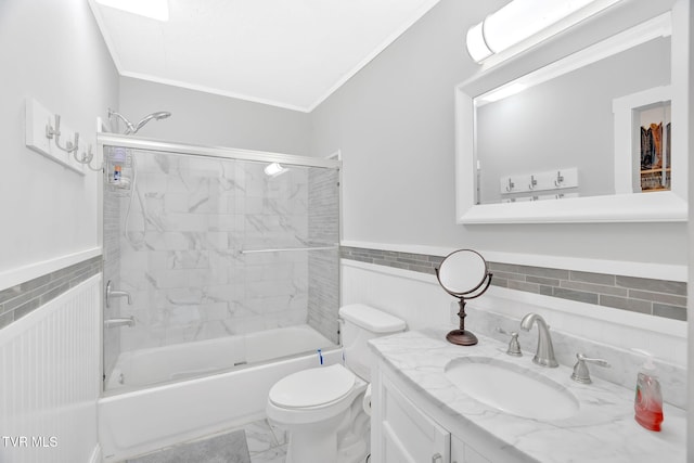 120 Stine St, Bristol, TN 37620 - bathroom with crown molding, marble finish floors, vanity, shower / bath combination with glass door, and toilet