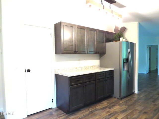 8929 Gateway Dr, Wise, VA 24293 - kitchen featuring stainless steel fridge with ice dispenser, dark wood finished floors, light countertops, and dark brown cabinets