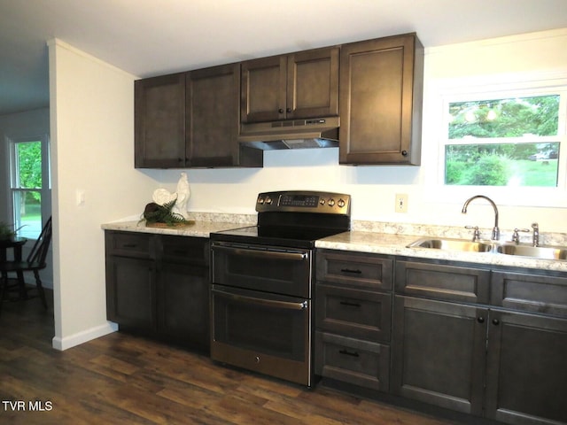 8929 Gateway Dr, Wise, VA 24293 - kitchen with double oven range, under cabinet range hood, a sink, dark brown cabinets, and dark wood-type flooring