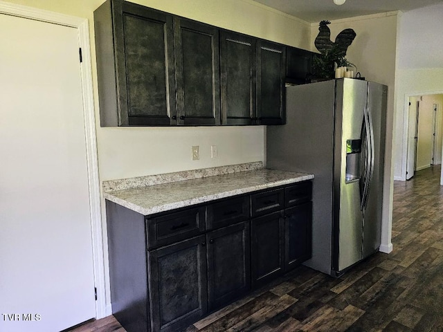 8929 Gateway Dr, Wise, VA 24293 - kitchen featuring dark cabinetry, dark wood finished floors, stainless steel fridge, and light countertops