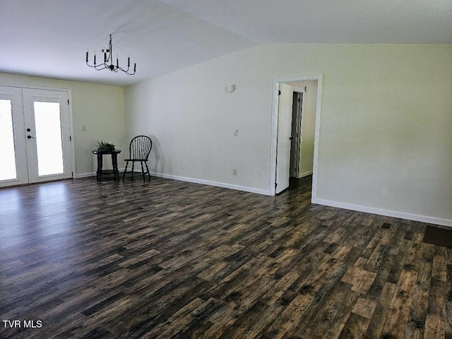 8929 Gateway Dr, Wise, VA 24293 - unfurnished room with dark wood-style flooring, baseboards, french doors, vaulted ceiling, and a chandelier