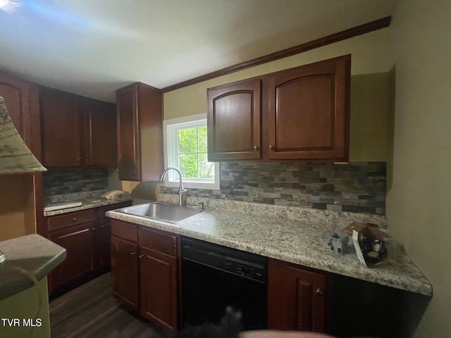 763 Sloantown Rd, Duffield, VA 24244 - kitchen with black dishwasher, a sink, light countertops, backsplash, and dark wood-type flooring