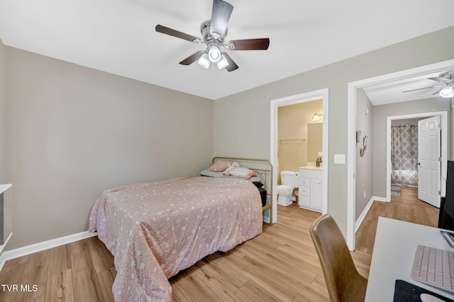38 Lake Village Ct Unit 38, Johnson City, TN 37601 - bedroom with light wood-type flooring, baseboards, ceiling fan, and connected bathroom