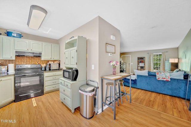 38 Lake Village Ct Unit 38, Johnson City, TN 37601 - kitchen with black range with electric stovetop, under cabinet range hood, light wood-style floors, stainless steel microwave, and open floor plan