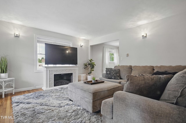 744 NE Hurricane Rd, Wise, VA 24293 - living room featuring wood finished floors, a glass covered fireplace, and baseboards