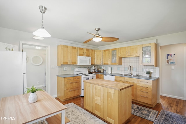 744 NE Hurricane Rd, Wise, VA 24293 - kitchen with white appliances, a sink, butcher block countertops, and decorative backsplash