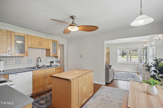 744 NE Hurricane Rd, Wise, VA 24293 - kitchen with dishwasher, a sink, wooden counters, tasteful backsplash, and a ceiling fan