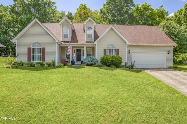 620 Glen Oaks Pl, Johnson City, TN 37615 - cape cod house with concrete driveway, a garage, a front lawn, and roof with shingles
