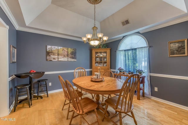 620 Glen Oaks Pl, Johnson City, TN 37615 - dining room featuring light wood-type flooring, a chandelier, ornamental molding, a tray ceiling, and baseboards