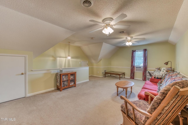 620 Glen Oaks Pl, Johnson City, TN 37615 - sitting room featuring a ceiling fan, carpet floors, lofted ceiling, a textured ceiling, and baseboards