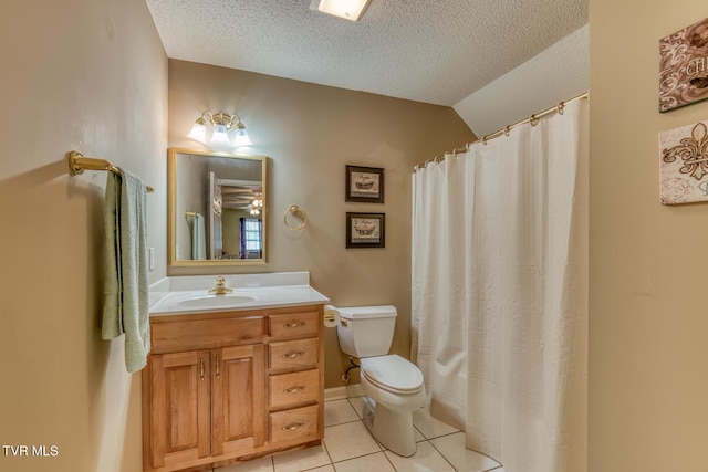 620 Glen Oaks Pl, Johnson City, TN 37615 - bathroom with toilet, tile patterned floors, vanity, vaulted ceiling, and a textured ceiling