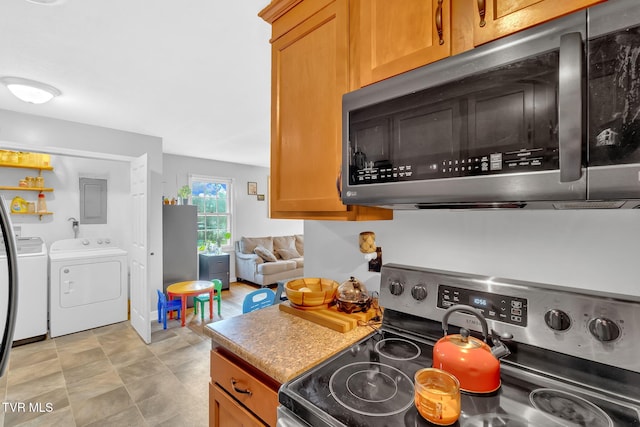324 Reservoir St, Bristol, VA 24201 - kitchen featuring appliances with stainless steel finishes, washing machine and dryer, electric panel, and brown cabinetry