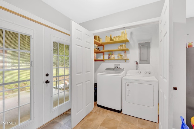 324 Reservoir St, Bristol, VA 24201 - laundry room featuring electric panel, washer and clothes dryer, french doors, and light tile patterned floors