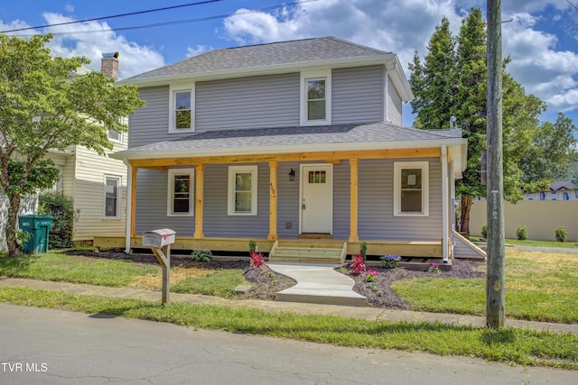 408 Levelin St, Erwin, TN 37650 - view of front facade with a porch, a shingled roof, and a chimney