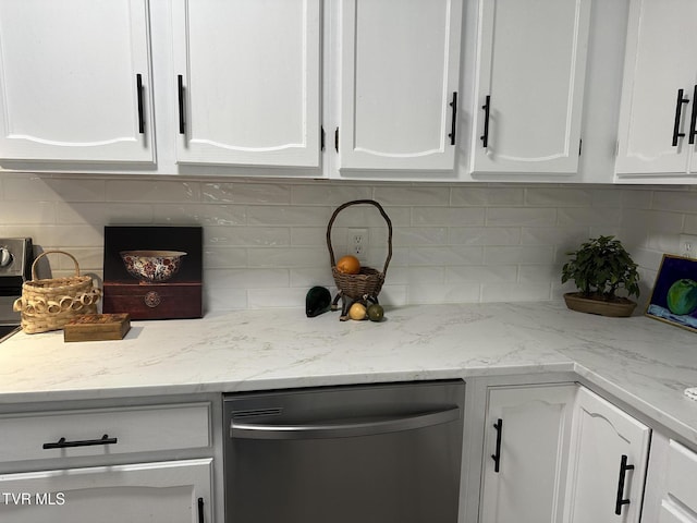 516 Fleetwood Ct Unit F, Kingsport, TN 37660 - kitchen with dishwasher, white cabinetry, decorative backsplash, and light stone counters