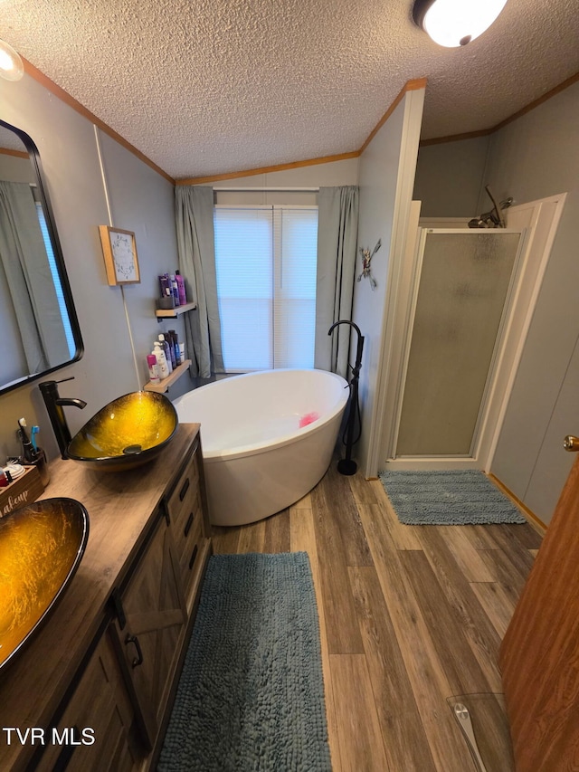6855 Gate City Hwy, Bristol, VA 24202 - full bath with ornamental molding, a shower stall, a textured ceiling, vanity, and a freestanding bath