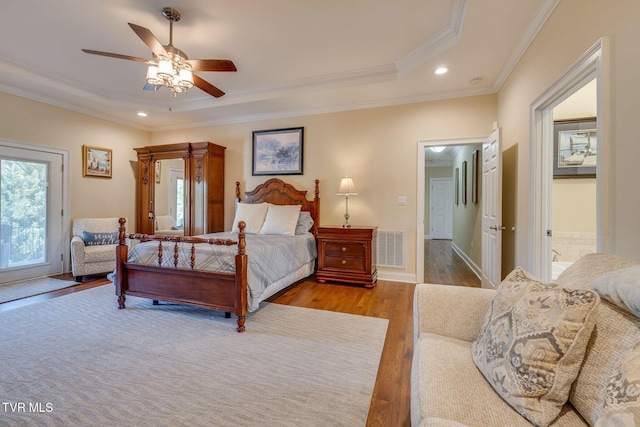 2001 Springfield Ave, Kingsport, TN 37664 - bedroom with ornamental molding, wood finished floors, a tray ceiling, recessed lighting, and ceiling fan