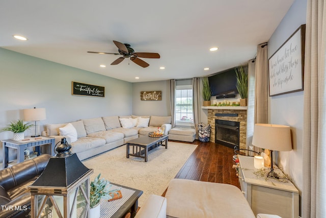 110 Emmanuel Dr, Johnson City, TN 37601 - living area with a ceiling fan, dark wood-style floors, a fireplace, and recessed lighting