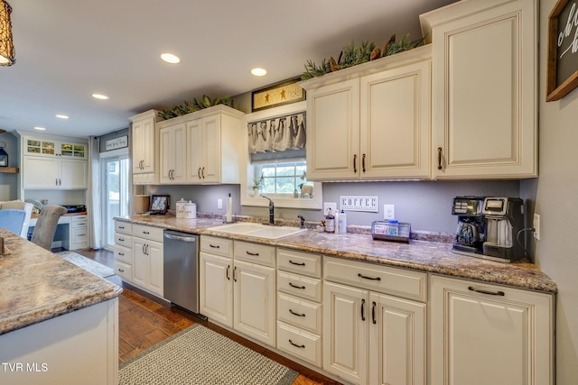 110 Emmanuel Dr, Johnson City, TN 37601 - kitchen featuring a sink, dishwasher, dark wood-style floors, cream cabinetry, and recessed lighting