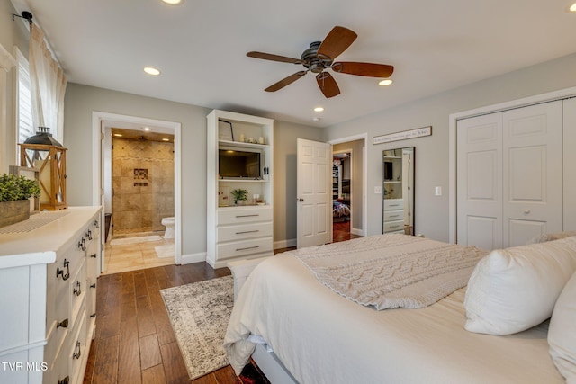 110 Emmanuel Dr, Johnson City, TN 37601 - bedroom featuring dark wood-type flooring, recessed lighting, ensuite bath, a closet, and ceiling fan
