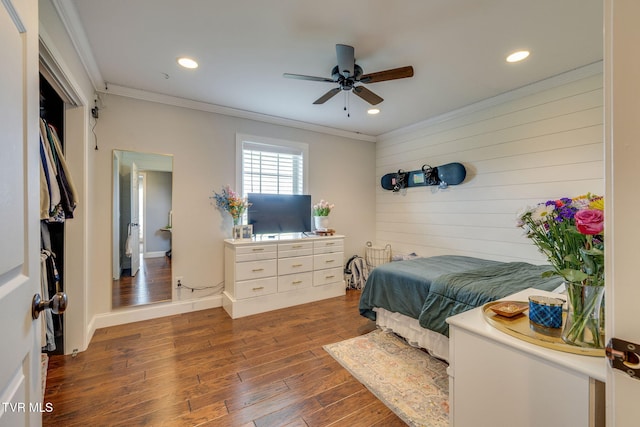 110 Emmanuel Dr, Johnson City, TN 37601 - bedroom featuring ornamental molding, hardwood / wood-style flooring, recessed lighting, a ceiling fan, and wooden walls