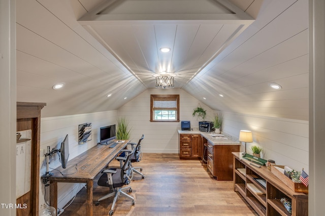 110 Emmanuel Dr, Johnson City, TN 37601 - office space featuring vaulted ceiling, light wood-style flooring, and wooden walls