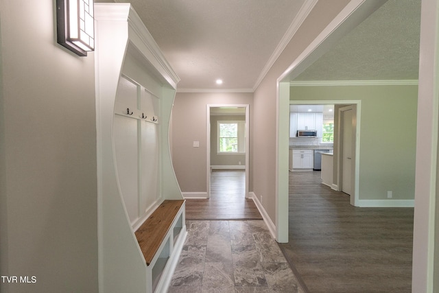 1236 Nassau Dr, Kingsport, TN 37660 - hall featuring baseboards, crown molding, and dark wood-style floors